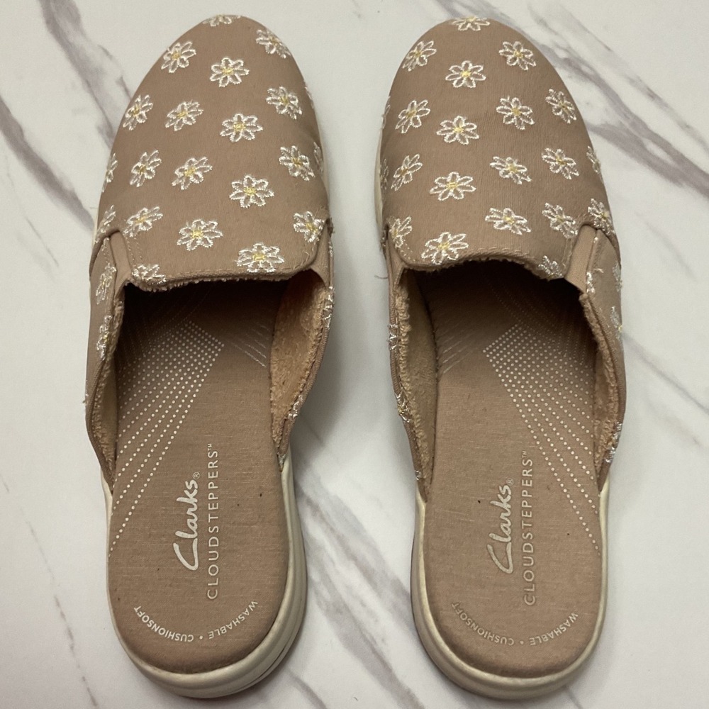 Clarks Beige Slip-On Mules with White & Gold Floral Embroidery